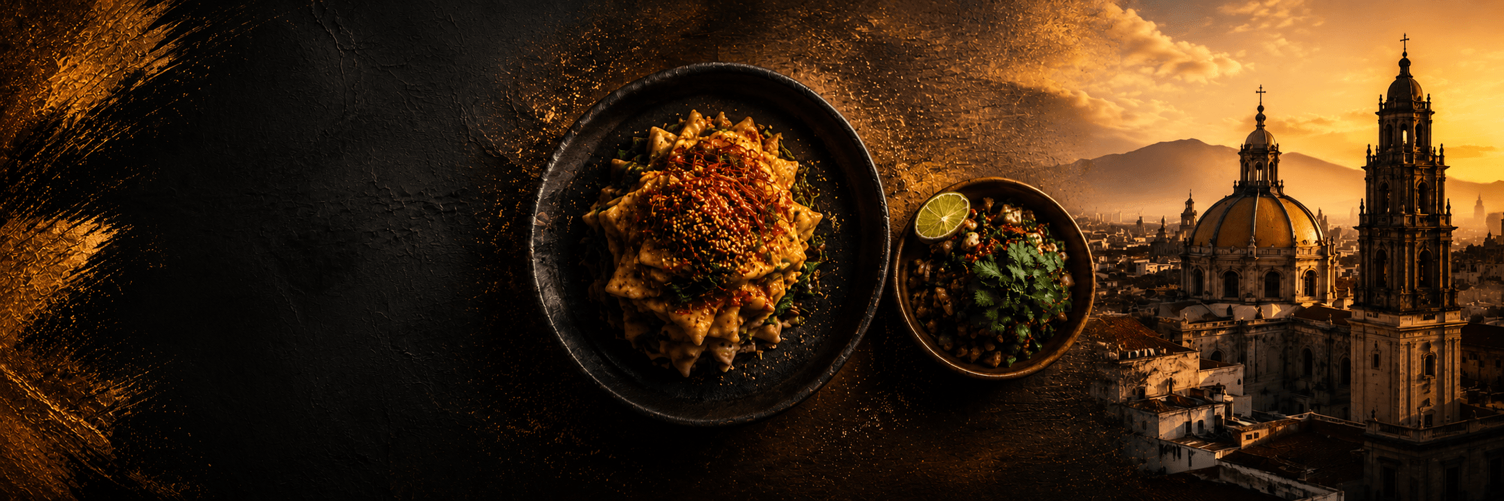 Golden sunset over Mexico City with food — Borderless Kitchen.