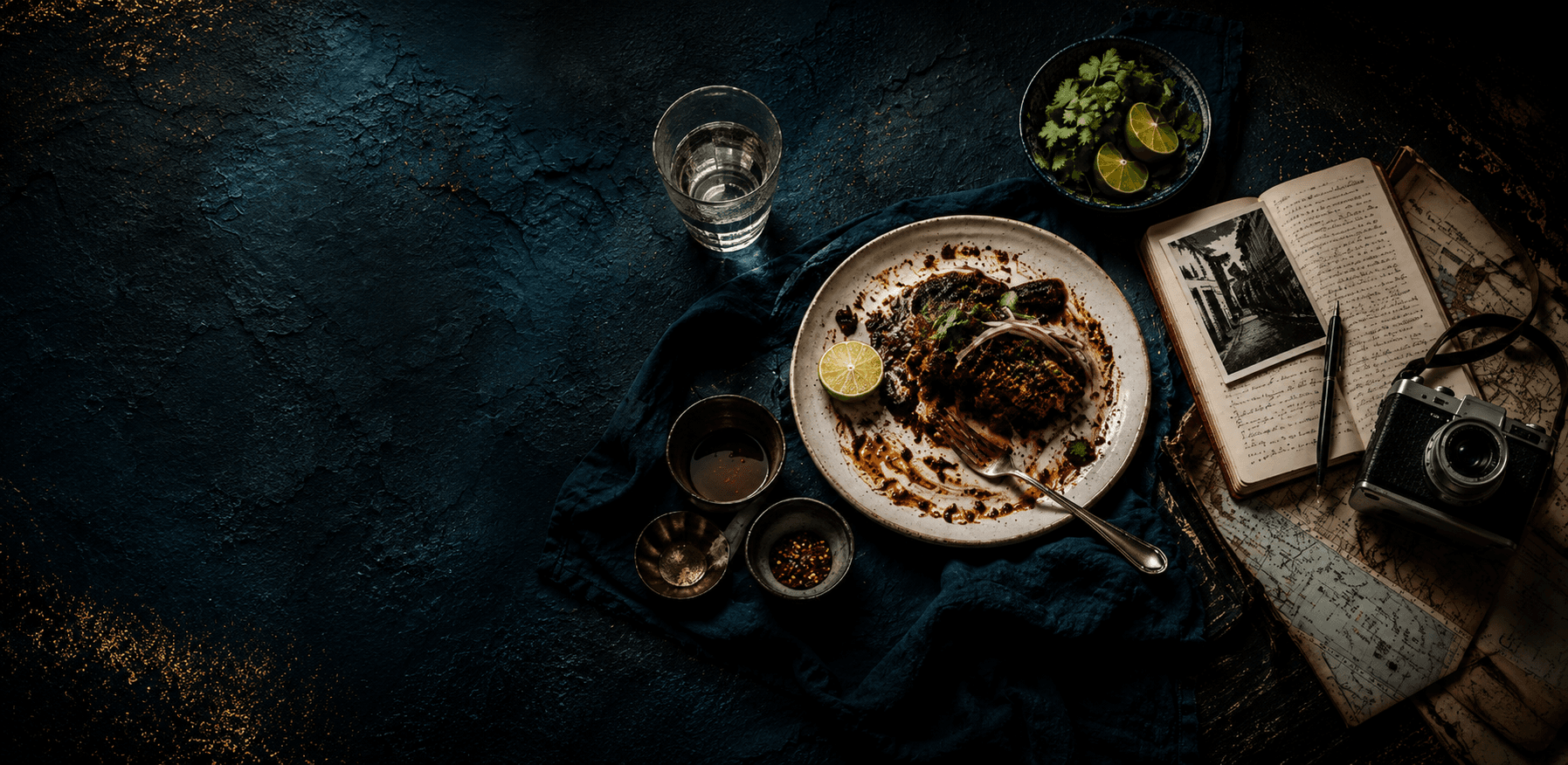 Cinematic dark plate with book and camera — Borderless Kitchen.