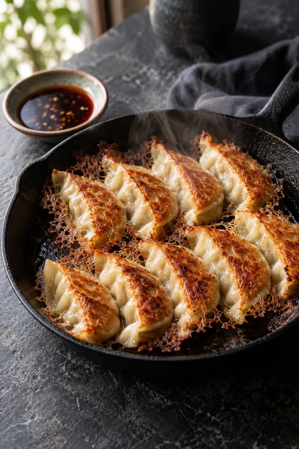 Two plates side by side on a wooden table — crisp-bottomed Japanese gyoza with thin translucent wrappers and a lacy starch skirt, and plumper boiled Chinese jiaozi with thick pleated skins, each with a small dish of black vinegar and soy.
