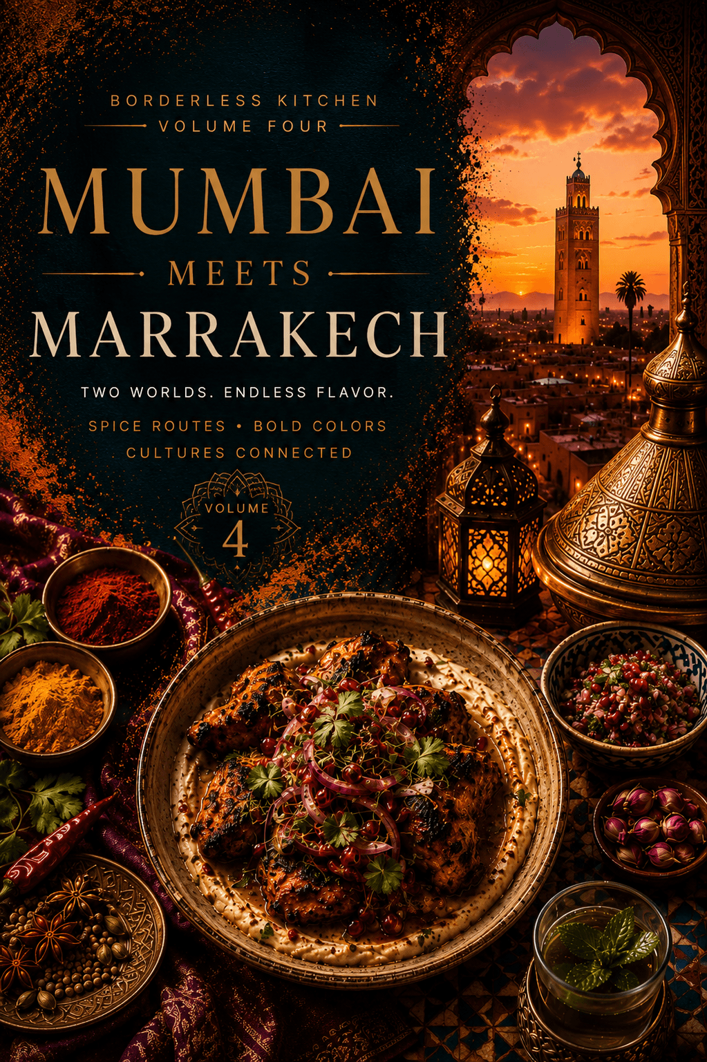 Cover of Mumbai Meets Marrakech — spice-route palette in warm editorial light.