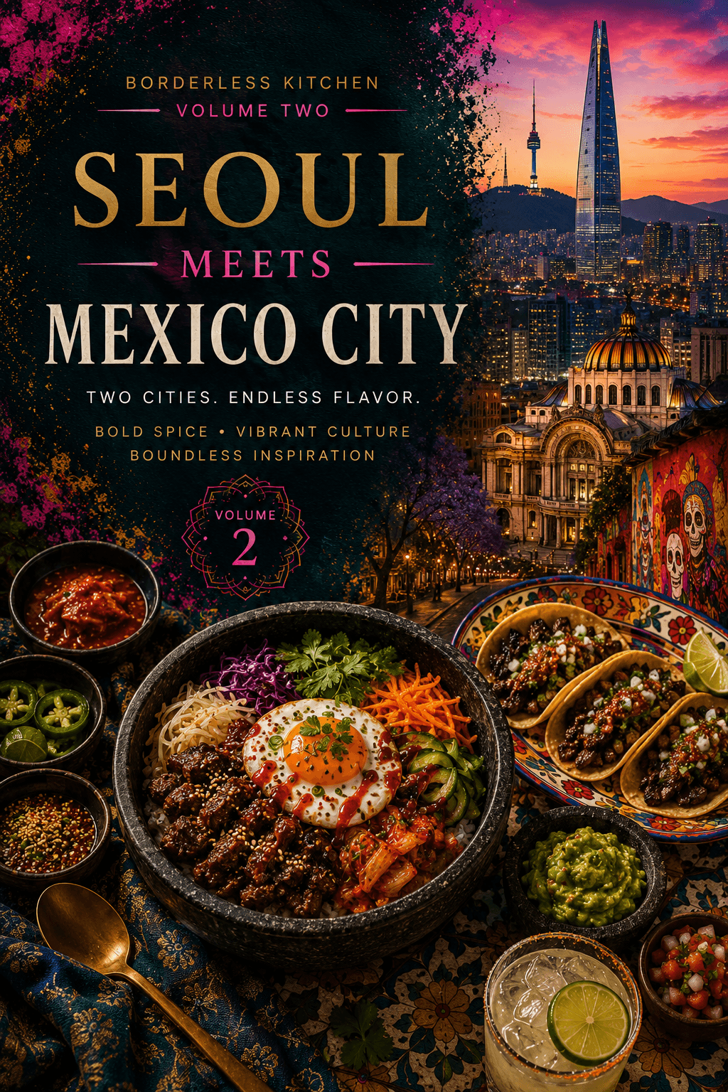 Cover of Seoul Meets Mexico City — warm amber tones with architectural archways and a composed plate of glazed pork.