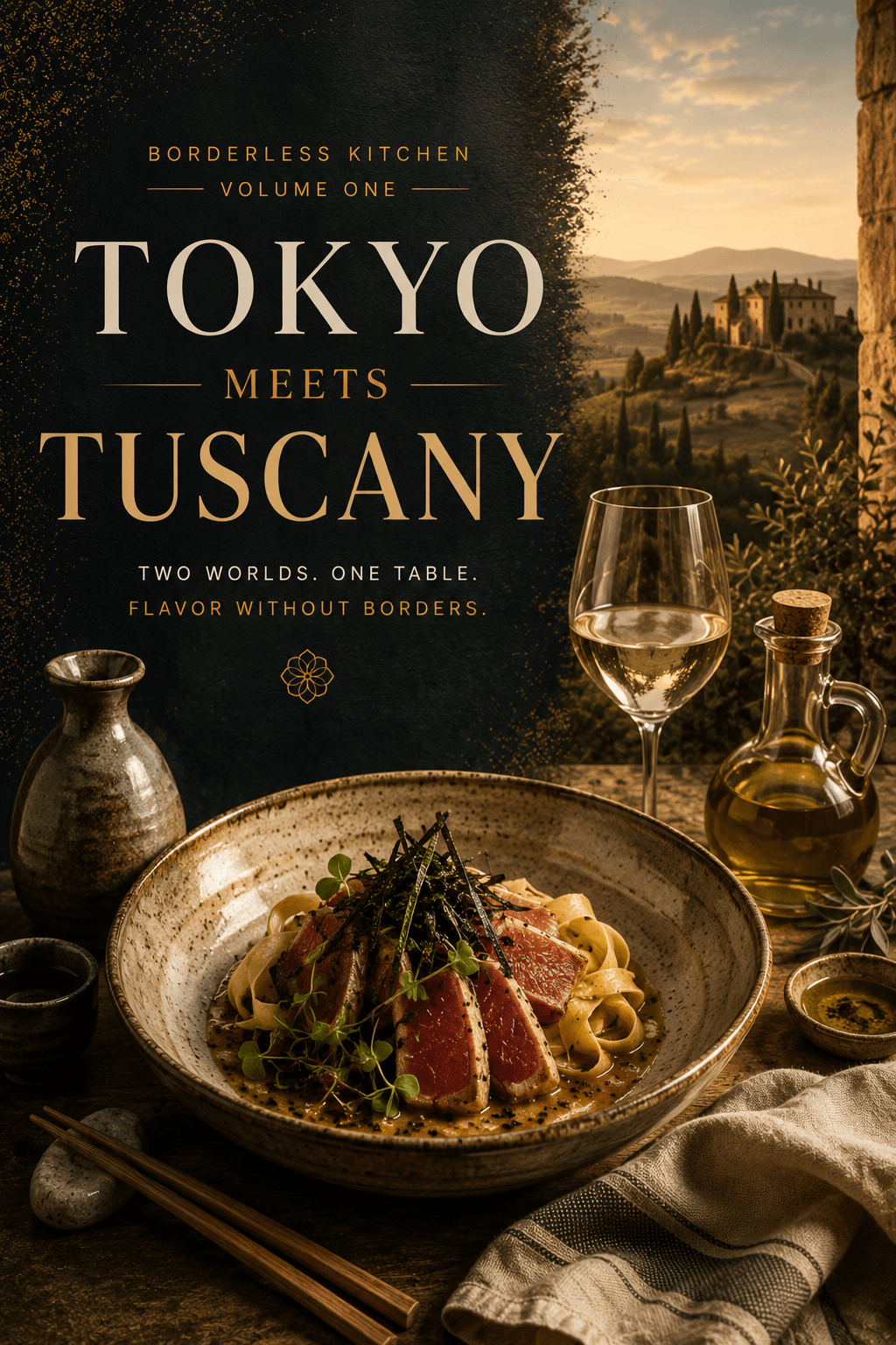 Cover of Tokyo Meets Tuscany — dark editorial still life with a single tomato and a sliver of bonito.